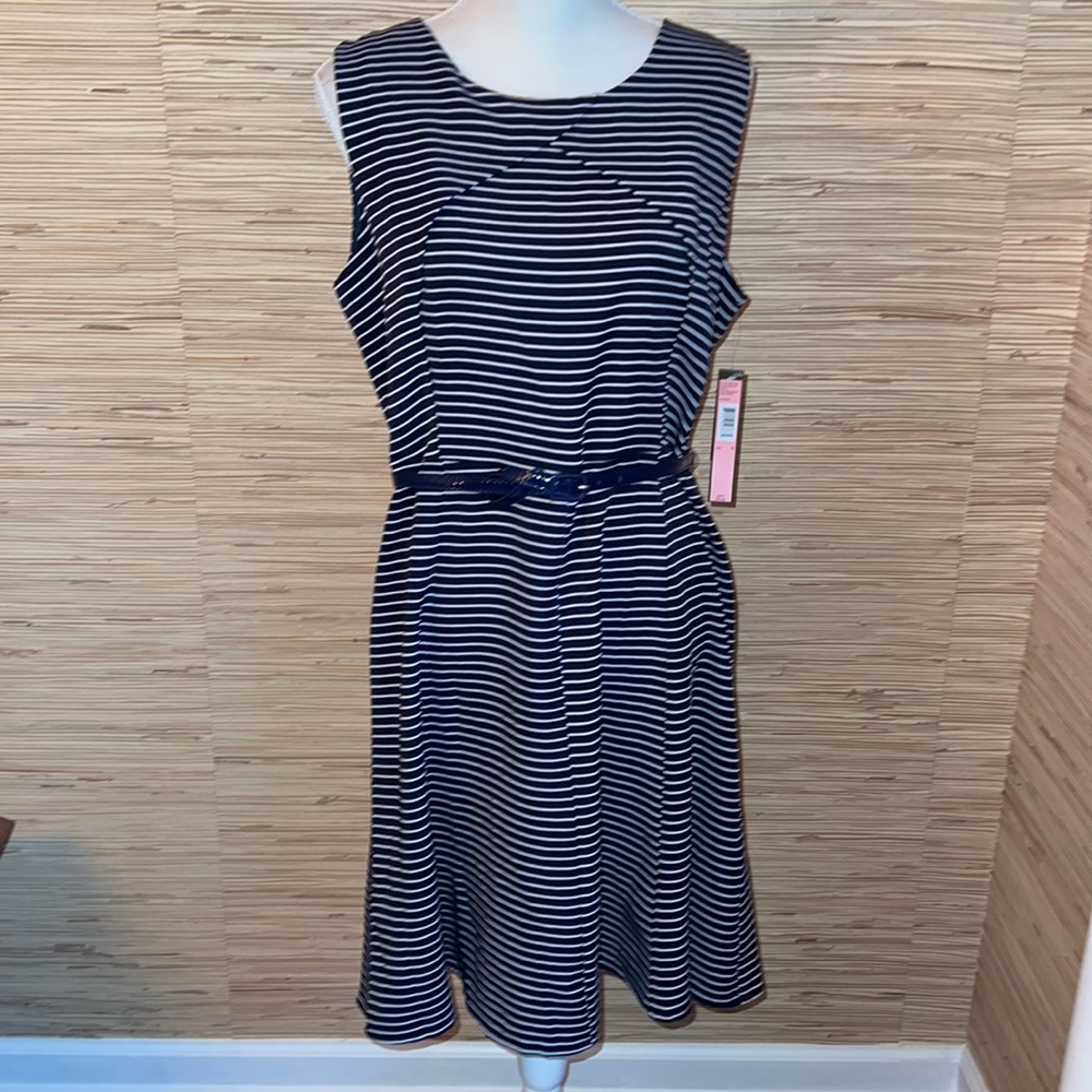 Voir navy & white striped belted sleeveless dress size 12 nwt!